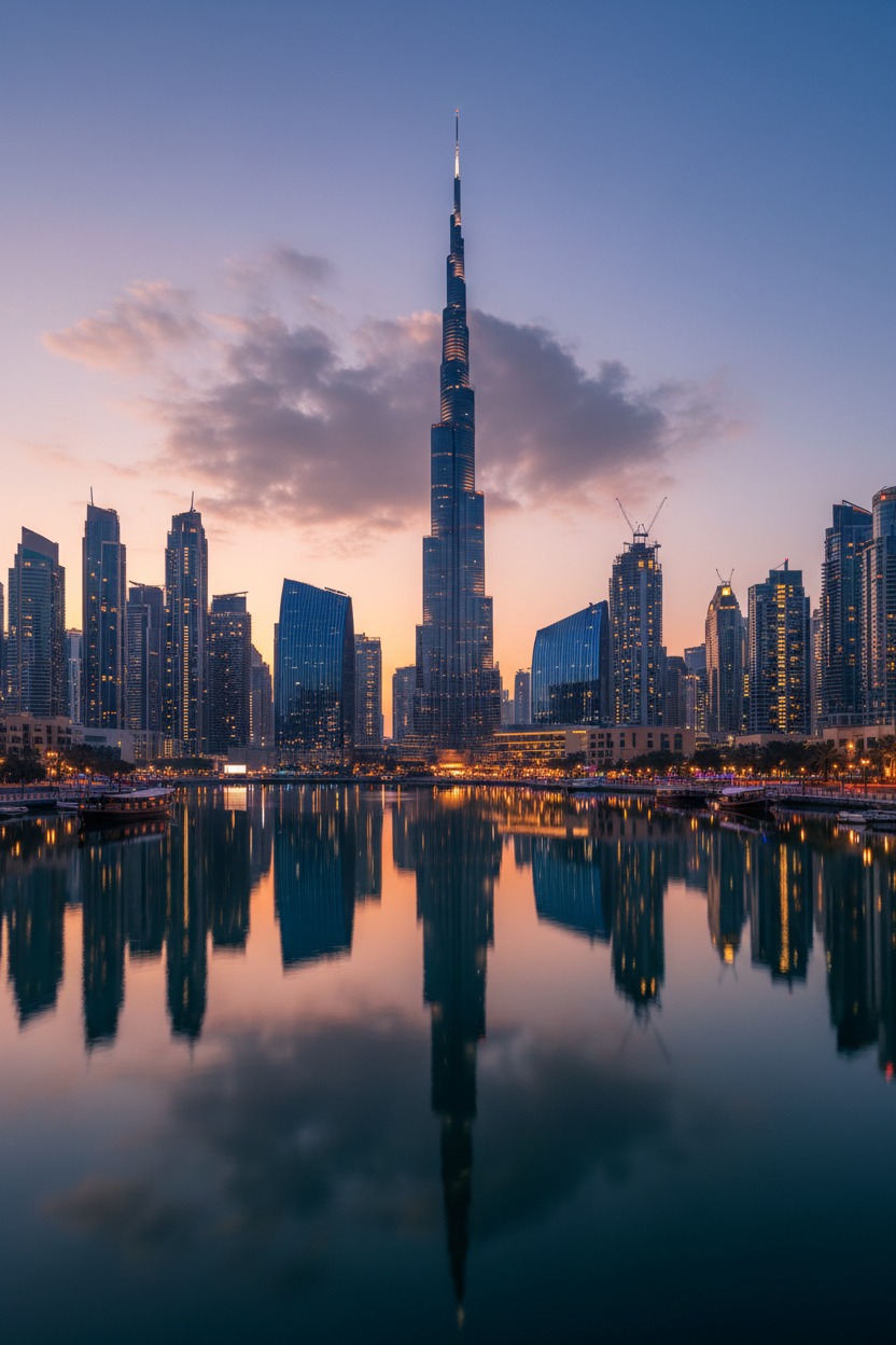 The Burj Khalifa and surrounding skyscrapers are illuminated at dusk, casting a clear reflection in the still waters of Burj Lake below.